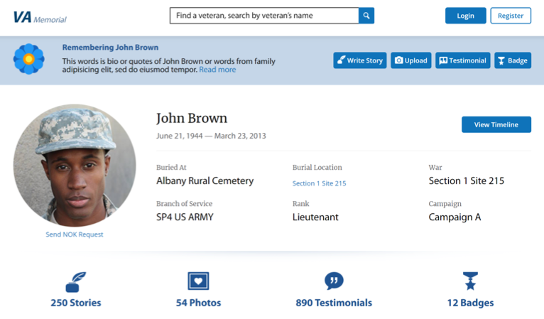 A veteran’s profile page from the prototype site developed with the help of VA proposal funding.