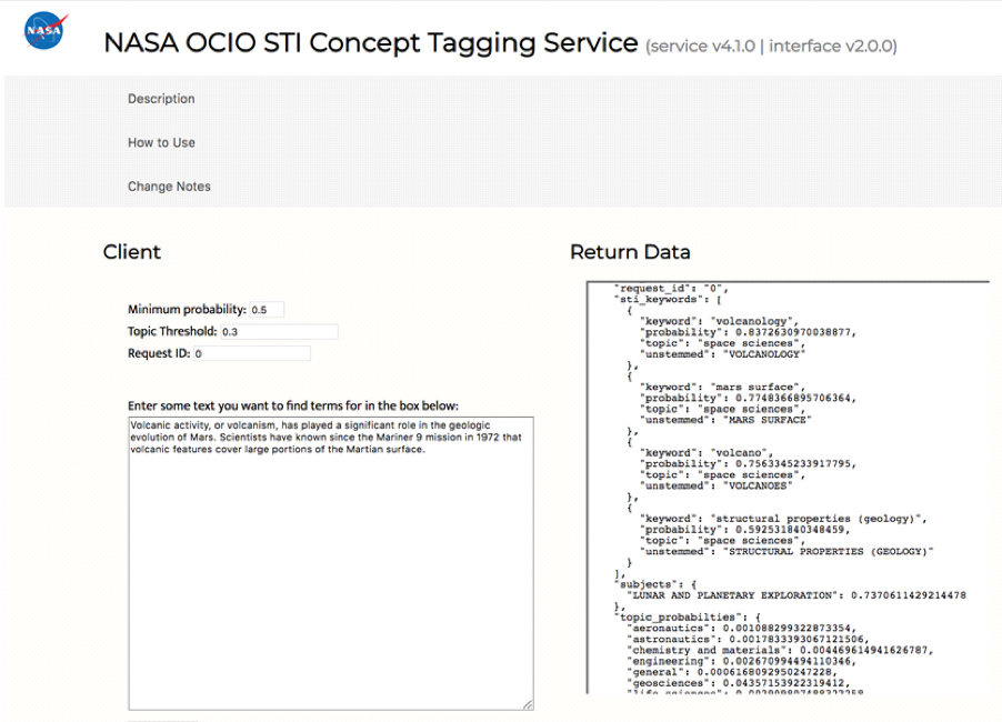 A screenshot of the NASA OCIO STI Concept Tagging Service